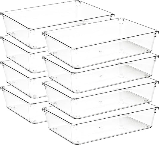 Ravinte Decor 8 Pack Drawer Organizer - 6" X 9" Clear Acrylic Storage Bins with Non-Slip Pads, Versatile Desk Tray for Makeup, Jewelry, Kitchen, Bathroom, and Office Organization