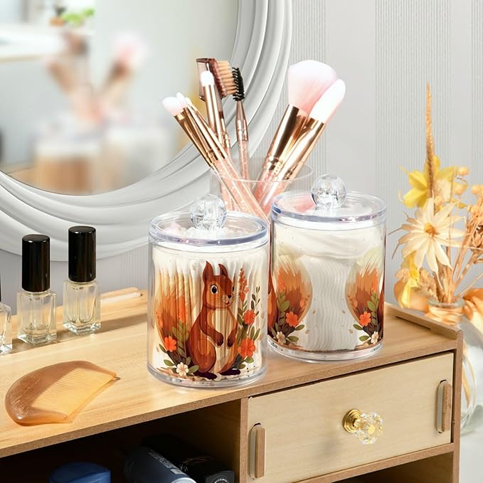MNSRUU 4 Pack Qtip Holder Organizer Dispenser Cute Squirrel Pink Bathroom Storage Canister Cotton Ball Holder Bathroom Containers for Cotton Swabs/Pads/Floss