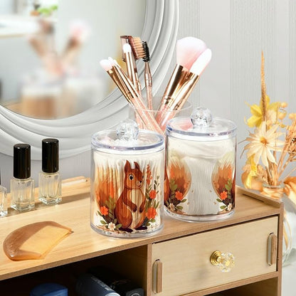 MNSRUU 2 Pack Qtip Holder Organizer Dispenser Cute Squirrel Pink Bathroom Storage Canister Cotton Ball Holder Bathroom Containers for Cotton Swabs/Pads/Floss
