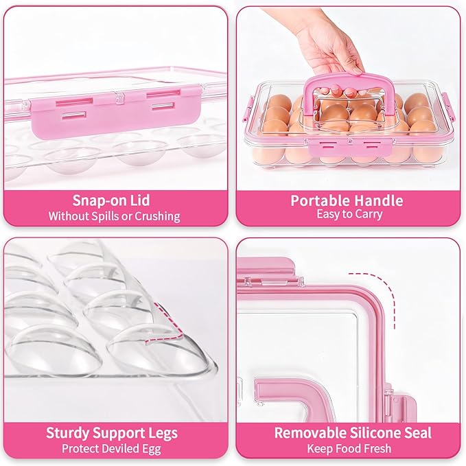 Deviled Egg Containers with Lid, 2 Pack Thick Clear Plastic Deviled Carrier with Handle Storage 48 Eggs, Stackable Egg Holder Portable Tray Platter for Fridge, Travel, Party-Pink