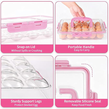 Deviled Egg Containers with Lid, 2 Pack Thick Clear Plastic Deviled Carrier with Handle Storage 48 Eggs, Stackable Egg Holder Portable Tray Platter for Fridge, Travel, Party-Pink