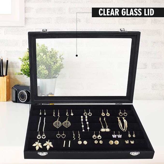 Earring Organizer Tray, Jewelry Tray with Lid, Earring Storage Box, and Jewelry Display Case, Keep Your Earrings Organized and Secure with This Stylish and Functional Earring Tray (Black)