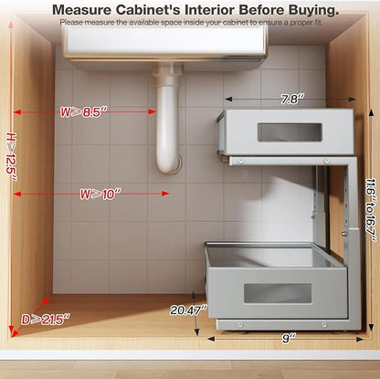 2 Packs 21IN Depth Under Sink Organizer, 2-Tier Pull Out Cabinet Organizer With Smooth Circular Rail, Large Capacity Metal Mesh Sliding Drawers For Bathroom& Kitchen Storage,Height Adjustable-Gun Gray