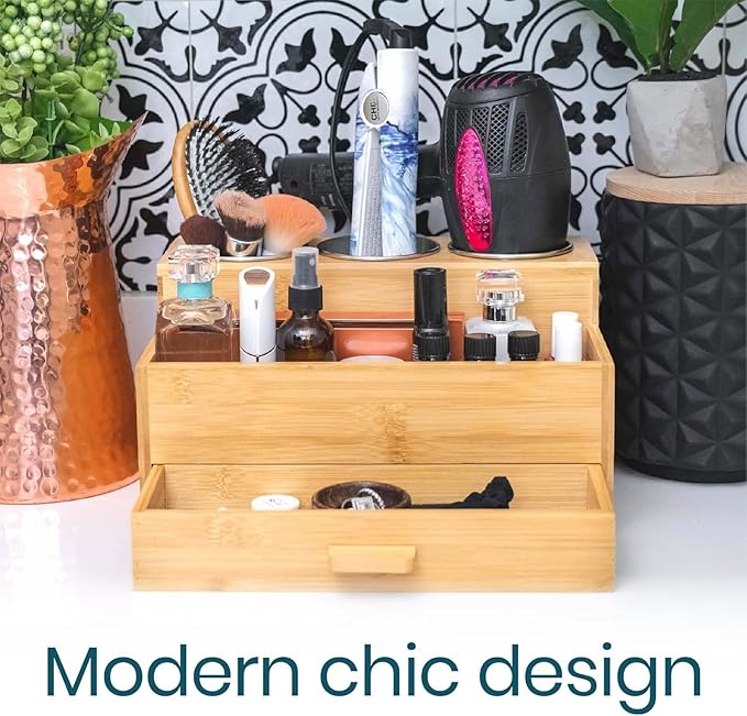Sol-Eco Hair Tool Storage Organizer, Bamboo Hair tool organizer for Bathroom, Kitchen and Makeup,Hair organizer storage Perfect for Storing Blow Dryer, Straightener and Brush