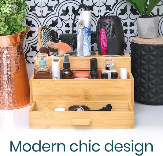 Sol-Eco Hair Tool Storage Organizer, Bamboo Hair tool organizer for Bathroom, Kitchen and Makeup,Hair organizer storage Perfect for Storing Blow Dryer, Straightener and Brush