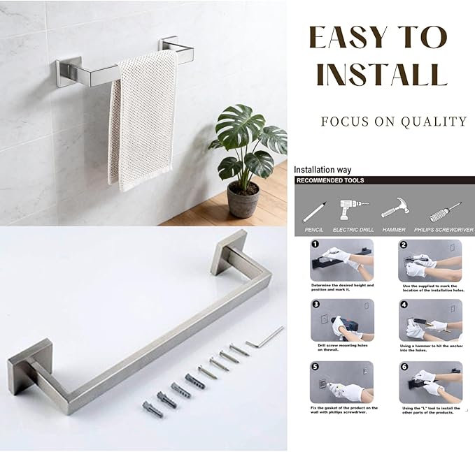 10 Pieces Bathroom Accessories Towel Bar SUS304 Stainless Steel Brushed Nickel Towel Holder Wall Mounted Heavy Duty Towel Rack Bathroom Towel Rod Modern Square Base Design(10, Brushed Nickel, 16 Inch)