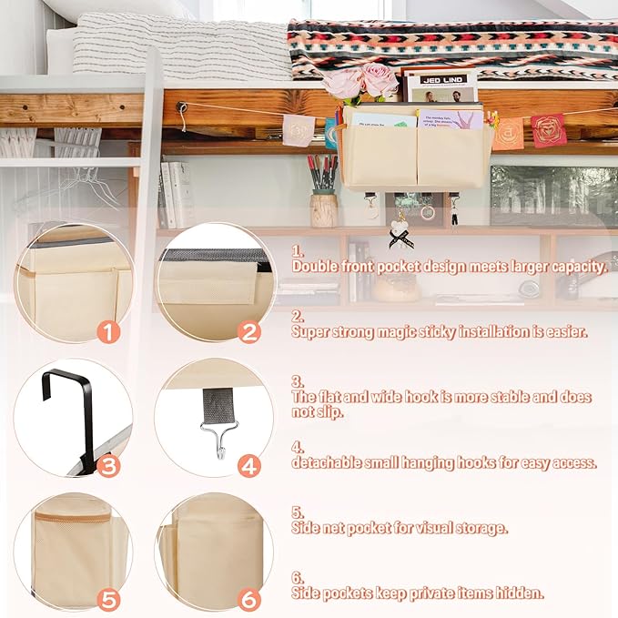 Frjjthchy Bedside Storage Organizer 5 Pockets with 4 Hooks Hanging Storage Bag for Headboards/Bunk Bed (Beige)