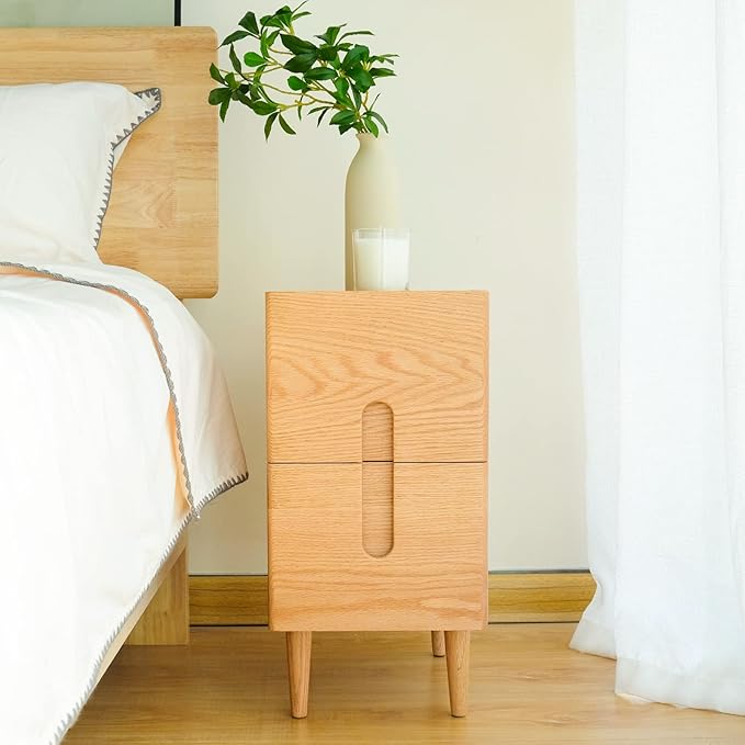 Cttasty Mid Century Modern Nightstand, Narrow Nightstand, Minimalist Side Table for Bedroom, 2-Drawer Bedside Tables, (Natural, 9.84inches)