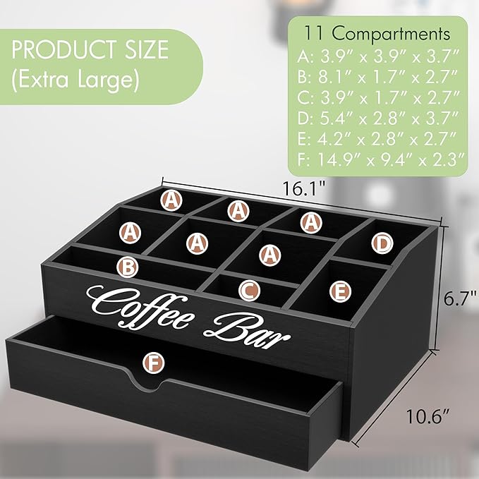 Suli Coffee Station Organizer,Extra Large Wooden Countertop Pods Holder with Drawer,Storage for Condiment Syrup Tea Cups,Rustic Bar Decor for Accessories Organizer (2 Tiers 11 Compartments)-Black