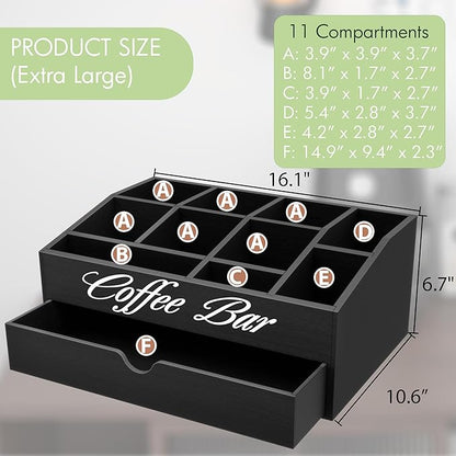 Suli Coffee Station Organizer,Extra Large Wooden Countertop Pods Holder with Drawer,Storage for Condiment Syrup Tea Cups,Rustic Bar Decor for Accessories Organizer (2 Tiers 11 Compartments)-Black