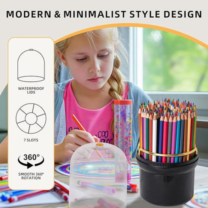 360-Degree Rotating Colored Pencil Holder with Lid, Pencil Organizer Holds 100 long Pencils with 7 Slots for Desk, Caddy Art Supply Organizer, Multi-function Makeup Brushes Ogranizer (Black)