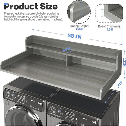 2-Tier Washer and Dryer Countertop with 2.75" H Guard,58" W x 28" D Laundry Countertop Cover with Non-Slip Pad,Large Space Laundry Topper for Folding Clothes Over Washer and Dryer-Stripe Gray
