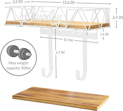 PERFNIQUE Ironing Board Holder, Iron Board Wall Mount, Ironing Board Hanger, Laundry Room Organization with Removable Hooks(T&V Shaped), Wooden Base Basket, Laundry Room Decor(Laundry, White)