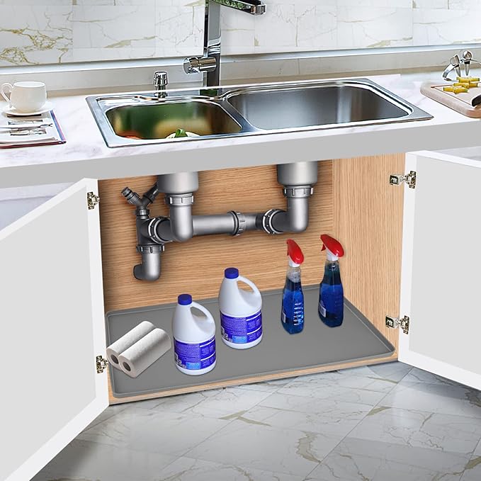 Under Sink Mat for Kitchen Waterproof, 34" x 19" Silicone Under Sink Liner Kitchen & Bathroom Cabinet Protector Mats, Heavy Duty Flexible Under Sink Drip Tray with Lip, Cool Grey