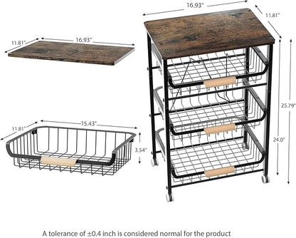 JAQ Fruit Vegetables Carts, 4-tier Slide out Metal Storage Baskets Stand Organizers with Wood Top and Handle on Rolling Wheels for Onions in Kitchen Pantry Fruteros Para Cocina -(Black, 4 Layer)