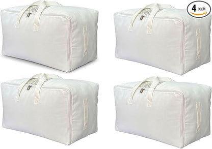 Soft Canvas Clothes Storage Bags with Four Carrying Handles and Clear Window, Closet Organizer for Clothing, Blankets Sheets Pillows and Bedding, 55L, 4 Pack, White