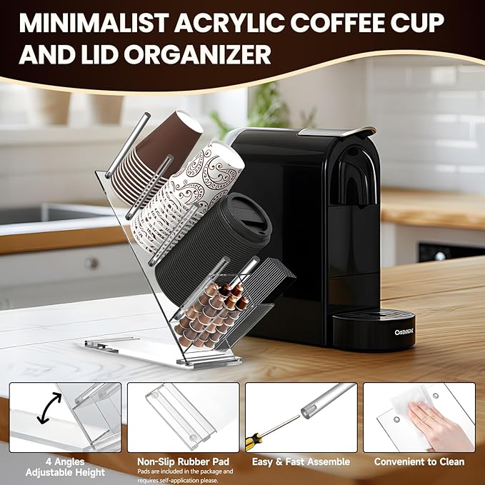 Acrylic Coffee Cup and Lid Organizer, Adjustable Cups and Lid Holder, 5 Compartment Coffee Cup Holder for Disposable Paper Plastic Cups, Coffees Bar Organizers accessories