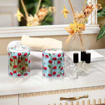 MNSRUU 2 Pack Qtip Holder Organizer Dispenser Cherries and Flowers Pink Bathroom Storage Canister Cotton Ball Holder Bathroom Containers for Cotton Swabs/Pads/Floss