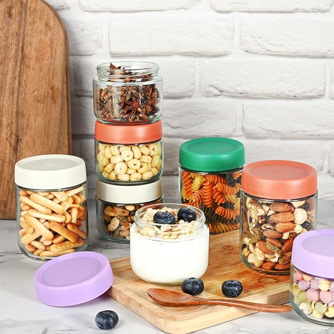 Hoa Kinh Overnight Oats Jars with Lids, 9oz & 16oz Leak Proof Small Jars for Overnight Oats, Cereal, Clear Empty Glass Jar with Lids for Kitchen 6Pack(Red, Green and Purple)