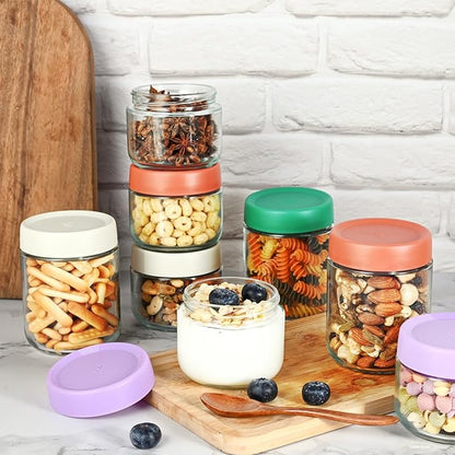 Hoa Kinh Overnight Oats Jars with Lids, 9oz & 16oz Leak Proof Small Jars for Overnight Oats, Cereal, Clear Empty Glass Jar with Lids for Kitchen 6Pack(Red, Green and Purple)