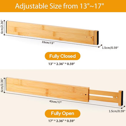 Bamboo Drawer Dividers Organizers, Kitchen Drawer Dividers for Clothes, Adjustable Drawers Separators for Dresser, Bedroom, Bathroom, Office, 4 Pack, 13“-17”