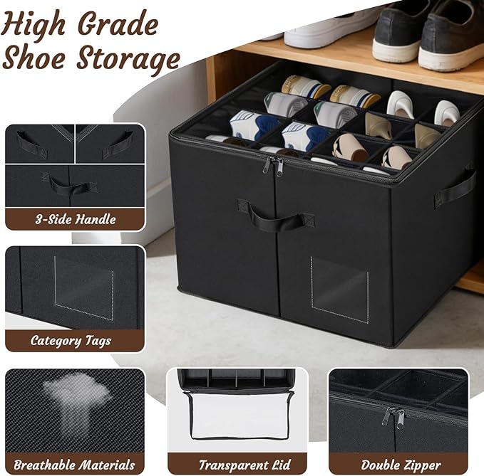 PAKISOU Shoe Storage Organizer, Fits 16 Pairs, Closet Shoe Box with Adjustable Dividers & Transparent Lid, Foldable Fabric Shoe Container with Handles for Space-Saving Shoe Storage (Black)