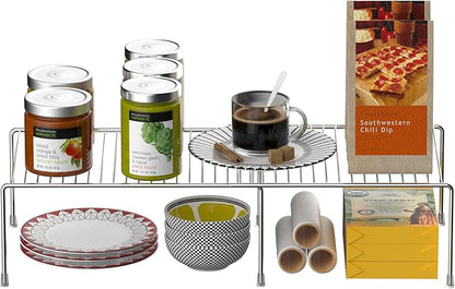 Redrubbit Cabinet Storage Shelf Rack, 4 Piece Expandable Metal Rustproof Kitchen Counter and Cabinet Shelf, Storage Rack Organizer Space Saver for Kitchen, Fridge, Cabinet, Bathroom, Chrome, Set of 2