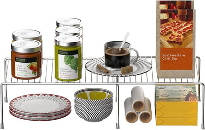 Kitchen Cabinet Expandable Shelf Organizers, Adjustable Metal Wire Pantry Storage Shelves, Plate Dish Organizer Rack for Cabinets, Cupboard, Counter, Freezer, Countertop, Chrome