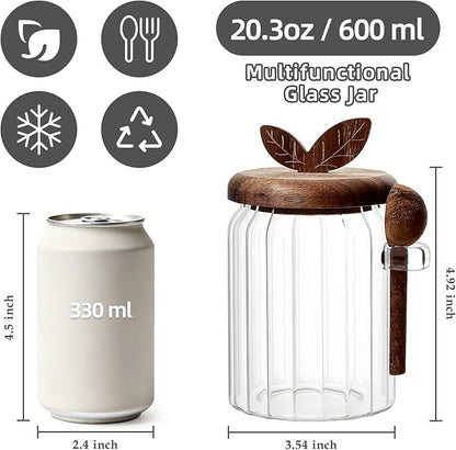 Koythin Food Storage Containers with Wooden Lids and Scoops, Ribbed Glass Jars with Airtight Lids, Bath Salt Container with Scoop, Kitchen Canisters for Coffee, Sugar, Spice (Vertical Stripe, 20.3 oz)