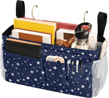 CuwrYet Bedside Caddy Hanging Bunk Bed Caddy Bed Organizer Hanging Pocket with 2 Hooks Bedside Storage Organizer Pocket Bag Holder Stars Dark Blue