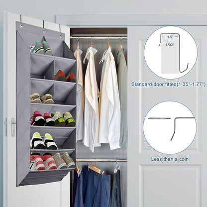 FENTEC 2 Pack Over the Door Shoe Organizer, Hanging Shoe Organizer, 6-Tier Large Deep Pockets Door Shoe Rack with 3 Hooks Shoe Organizer for Shoes, Sneakers, and Home Accessories, Grey