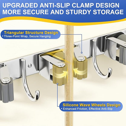 Mop Broom Holder Wall Mount Mop and Broom Holder with 5 Racks and 4 Hooks, Heavy Duty Broom Hanger Tool Storage Oragnizer Rack for Home, Garage, Garden and Laundry Room, Sliver