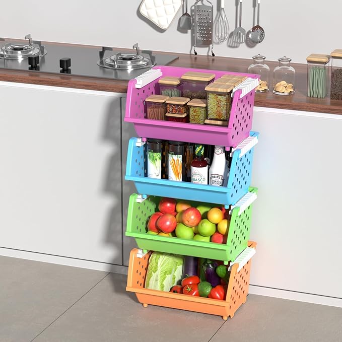 4-Pack Colorful Plastic Stackable Storage Basket, Stacking Organizer Baskets
