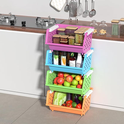 4-Pack Colorful Plastic Stackable Storage Basket, Stacking Organizer Baskets
