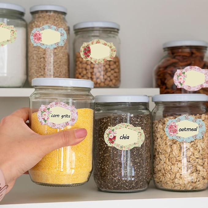 Whaline 250Pcs Vintage Floral Jar Label Stickers Roll Retro Flower Canning Labels Blank Paper Sticker Tags for Family Kitchen Sauce Candy Bottle, 3 x 2 Inch