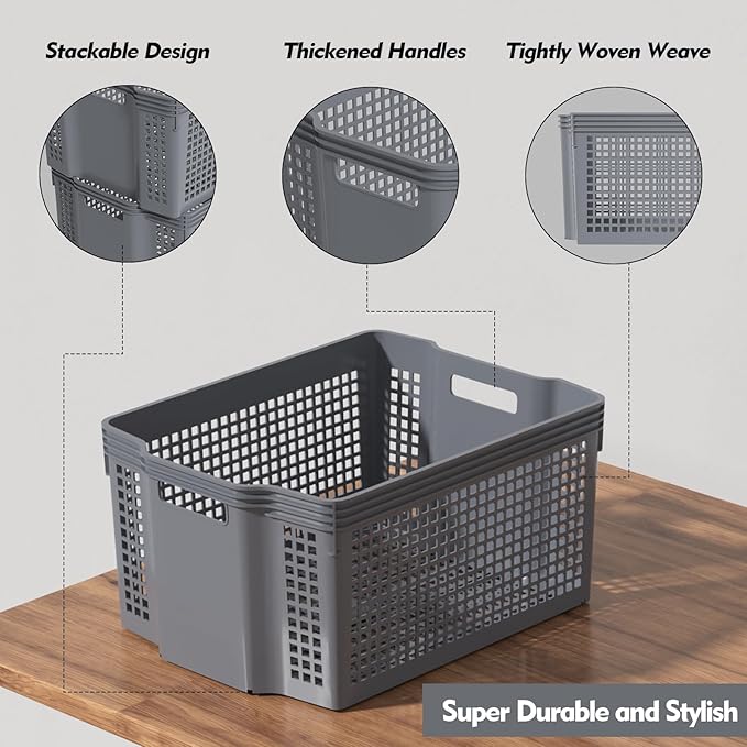 12 Pack Large Plastic Stackable Baskets Organizer, Grey Stacking Storage Basket Bin for Pantry, Shelves