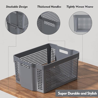 12 Pack Large Plastic Stackable Baskets Organizer, Grey Stacking Storage Basket Bin for Pantry, Shelves
