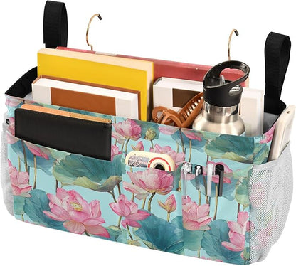 CuwrYet Bedside Caddy Hanging Bunk Bed Caddy Bed Organizer Hanging Pocket with 2 Hooks Bedside Storage Organizer Pocket Bag Holder Pastel Lotus Leaf Stem Floral