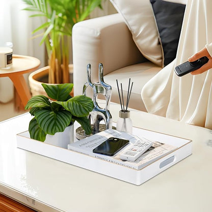 MAONAME White Decorative Tray for Coffee Table, Modern Serving Tray with Handles, Plastic Rectangular Tea Trays for Ottoman, Bathroom Decor, 15.8” X 10.2” x 1.4"