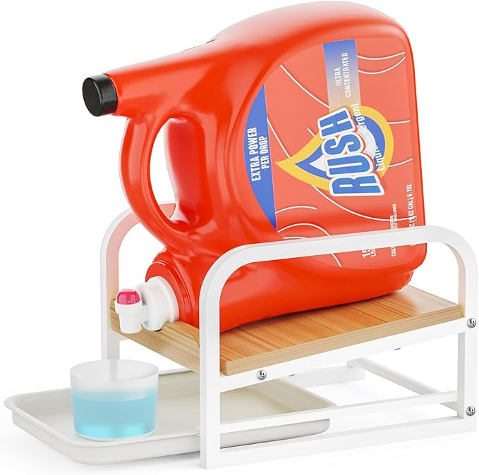 Laundry Detergent Holder Liquid Laundry Detergent Riser and Stand with Drip Tray for Laundry Room Organization (Tilted-White)