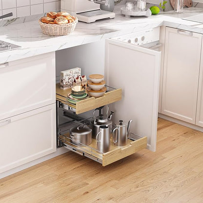 Pull Out Cabinet Organizer,Heavy-Duty Slide Out Shelf, Wood and Wire Basket, Pull Out Drawer for for Kitchen Under Sink Space, Pantry, Bathroom, 2 Tie 14 * 21 in