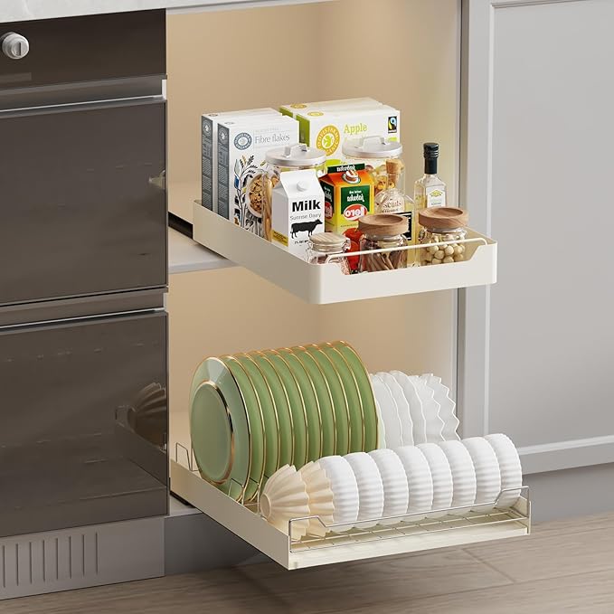 Pull-Out Cabinet Dish Drying Rack - Dish Drying Rack Stainless Steel 2-Tier Kitchen Organizer for Plates Bowls, Under-Counter Space Saving Storage Rack, Adjustable（White）