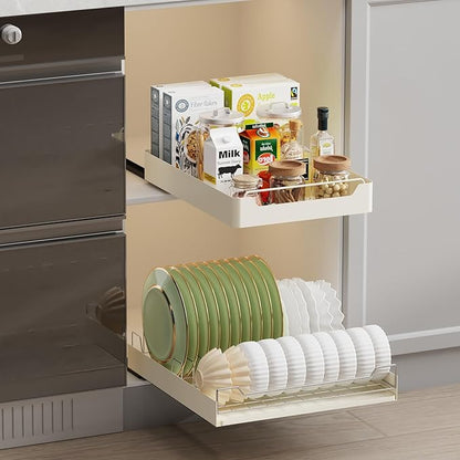 Pull-Out Cabinet Dish Drying Rack - Dish Drying Rack Stainless Steel 2-Tier Kitchen Organizer for Plates Bowls, Under-Counter Space Saving Storage Rack, Adjustable（White）