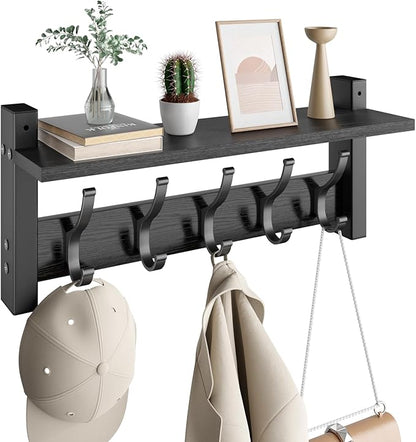 Coat Rack Wall Mount with Shelf, 17.1 Inch Coat Hanger Walls Mounted, Hat Rack for Walls, Shelf with 5 Coat Hooks, Wall Hanger for Entryway (Black)