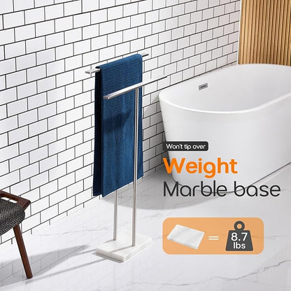 Free Standing Towel Rack Brushed Nickel 2-Tier Towel Holder for Bathroom Floor Stand with Heavy Marble Base Thicken Steady Design Stainless Steel AN7001BR