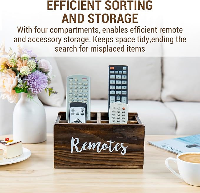 MyGift Wood Remote Control Holder Organizer with 4 Compartments, Tabletop Media TV Remote Caddy Storage with Cursive REMOTES Design (Rustic Burnt)