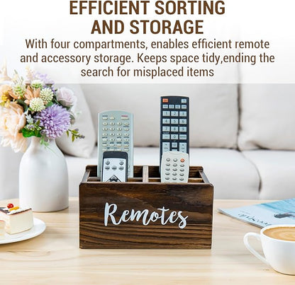 MyGift Wood Remote Control Holder Organizer with 4 Compartments, Tabletop Media TV Remote Caddy Storage with Cursive REMOTES Design (Rustic Burnt)