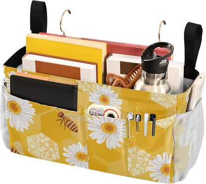 CuwrYet Bedside Caddy Hanging Bunk Bed Caddy Bed Organizer Hanging Pocket with 2 Hooks Bedside Storage Organizer Pocket Bag Holder Yellow Honeycomb Bee Daisy