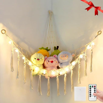 Stuffed Animal Hammock with 13LEDs Star Lights, 47in Toy Storage Macrame Hammock, Hanging Toy Net for Kids Bedroom Doll Room Corner Organizer, Battery Powered Toy Hammocks with Remote(Star, Large)