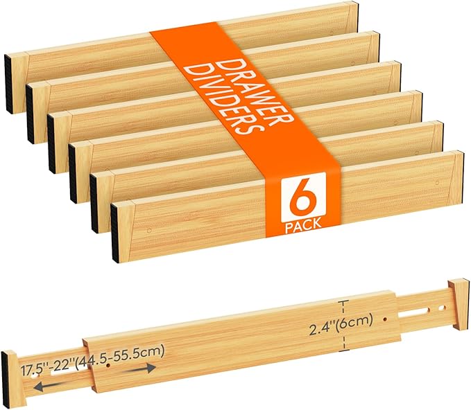 Lifewit 6 Pack Bamboo Drawer Dividers 2.4" High, 17.5-22" Kitchen Drawer Organizers, Adjustable Wooden Drawer Dividers for Clothes, Expandable Drawer Separators for Dresser, Bedroom, Bathroom, Cabinet